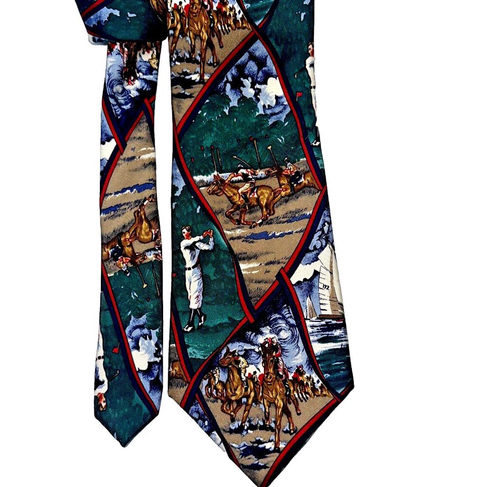 JT Beckett Vintage Silk Tie Sports Polo Golf Sailing Print USA Retro Statement